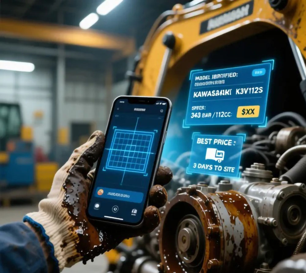 A worker uses a smartphone to identify a Kawasaki engine model and check pricing and delivery details in a workshop.