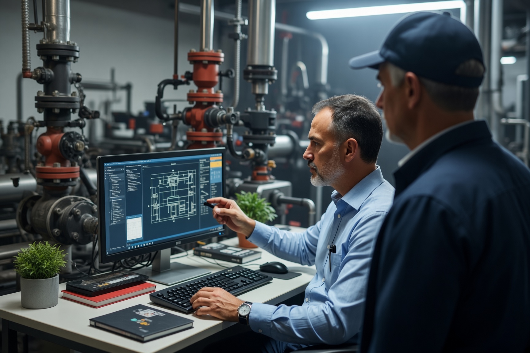 Two men in a technical setting, one pointing at a computer screen displaying a technical drawing, surrounded by industrial pipes and valves.