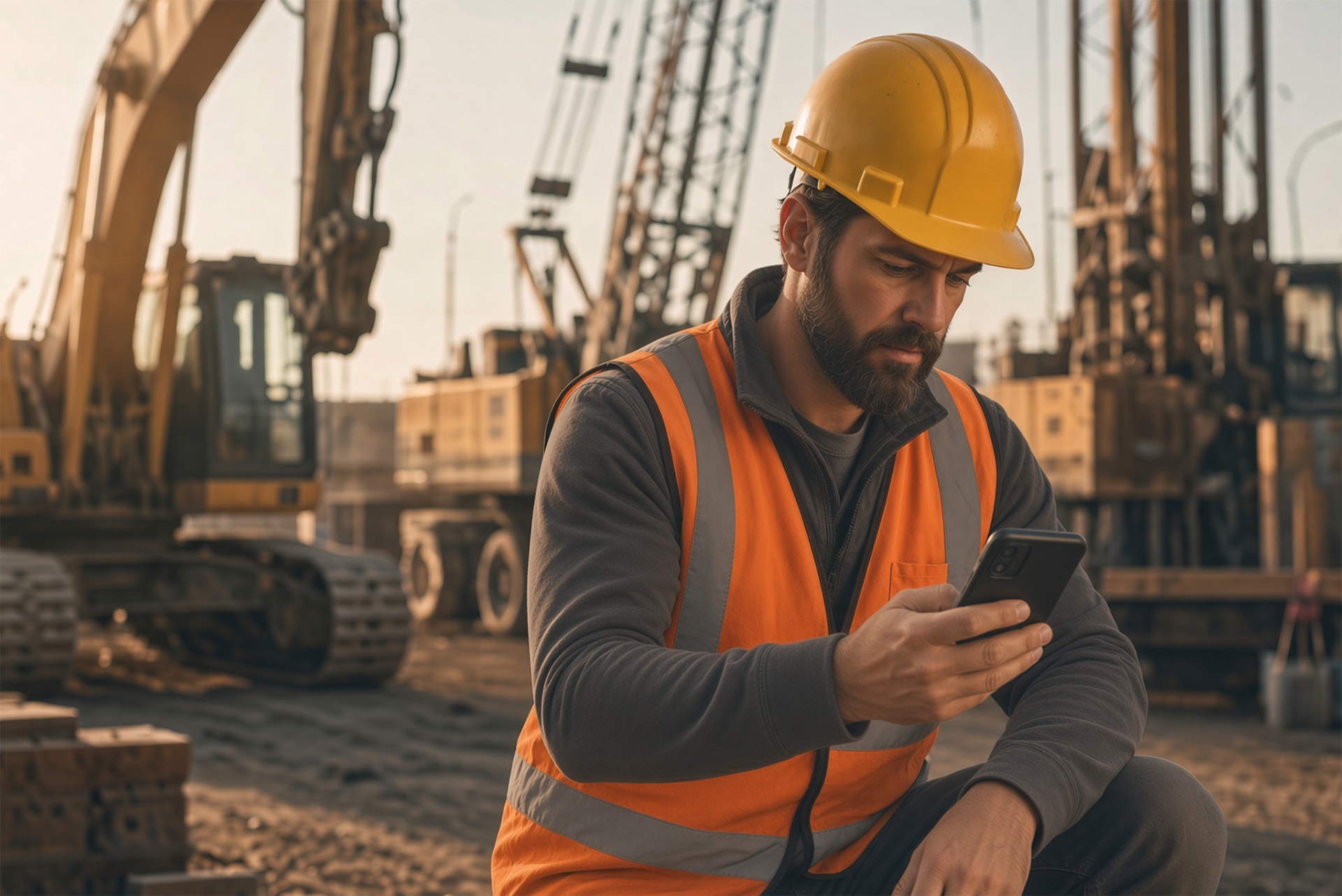 A construction worker wearing a yellow hard hat and orange safety vest is crouched down, looking at his phone. Heavy machinery is visible in the background.