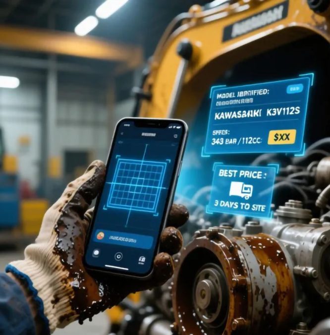 A worker uses a smartphone to identify a Kawasaki engine model and check pricing and delivery details in a workshop.