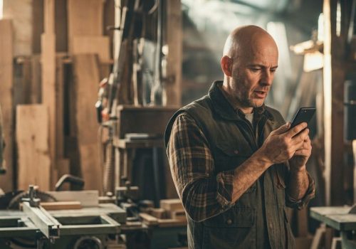 A man in a workshop checks his phone, reflecting the role of a Machinery Parts Supplier in modern industry.